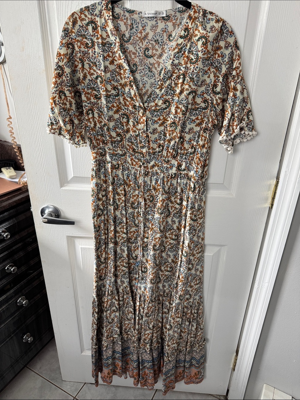 Floral V-Neck Maxi Dress in Cream and Rust - Lightweight Women's Dress
